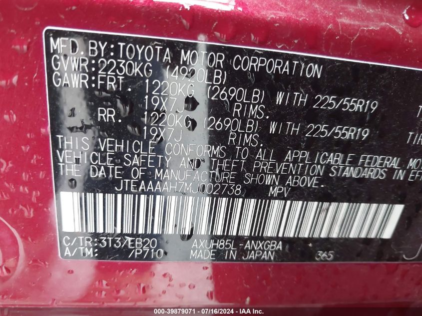 2021 Toyota Venza Xle VIN: JTEAAAAH7MJ002738 Lot: 39879071