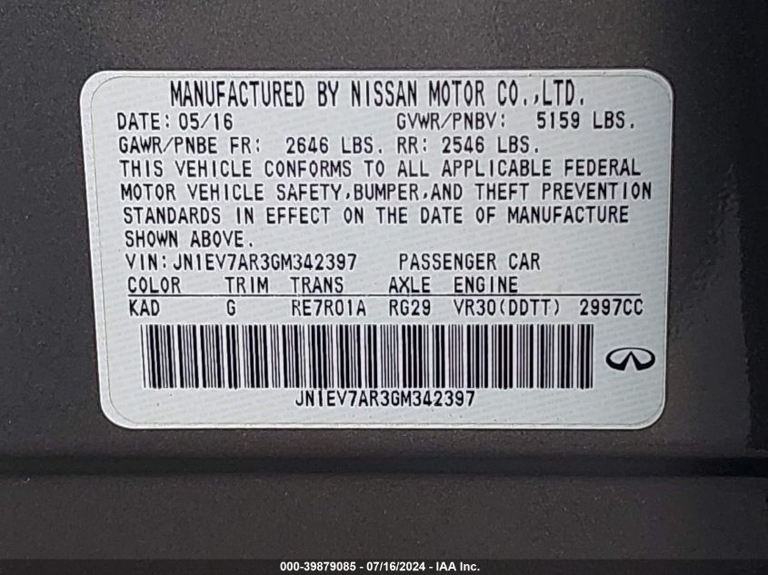 JN1EV7AR3GM342397 | 2016 INFINITI Q50