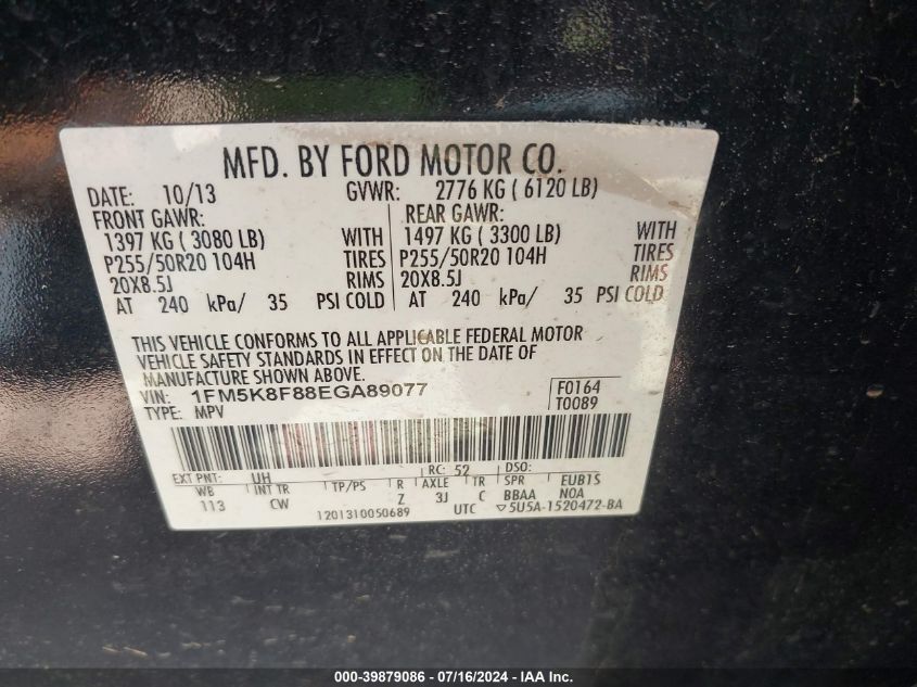 2014 Ford Explorer Limited VIN: 1FM5K8F88EGA89077 Lot: 39879086