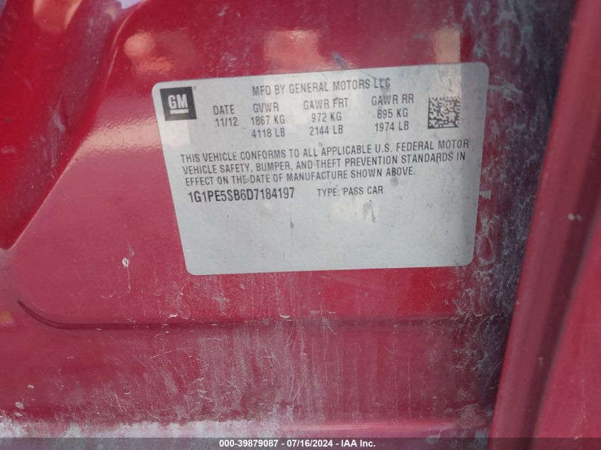 2013 Chevrolet Cruze 2Lt Auto VIN: 1G1PE5SB6D7184197 Lot: 39879087