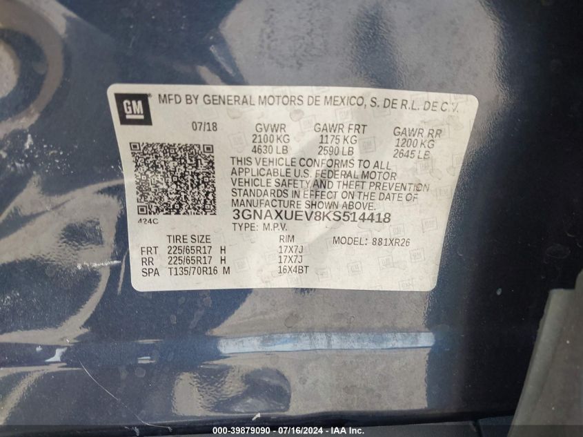 2019 Chevrolet Equinox Lt VIN: 3GNAXUEV8KS514418 Lot: 39879090