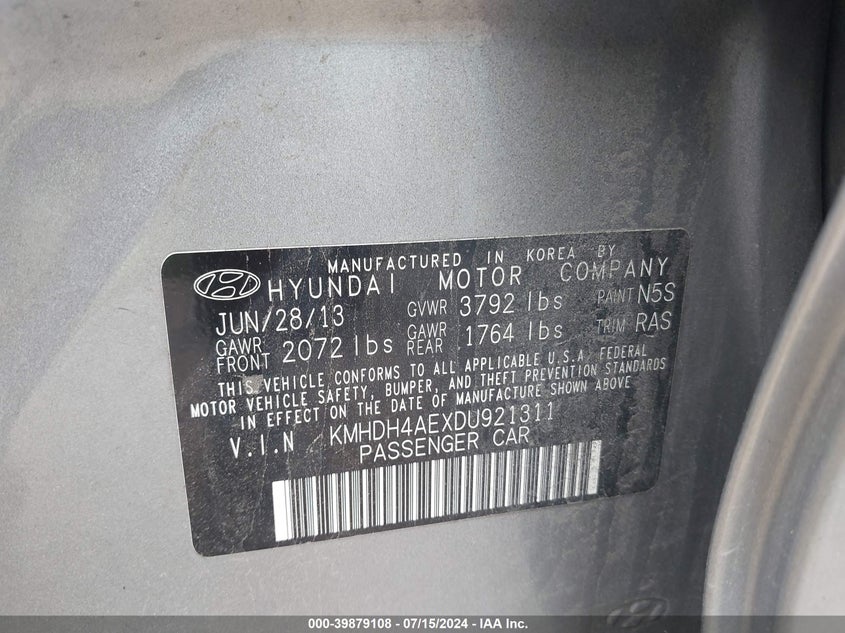 2013 Hyundai Elantra Gls VIN: KMHDH4AEXDU921311 Lot: 39879108
