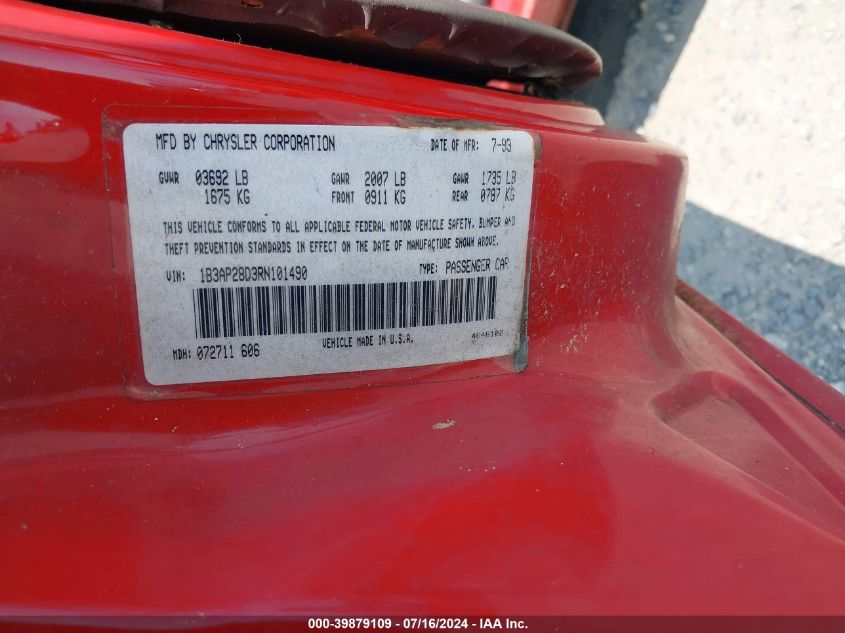 1994 Dodge Shadow VIN: 1B3AP28D3RN101490 Lot: 39879109