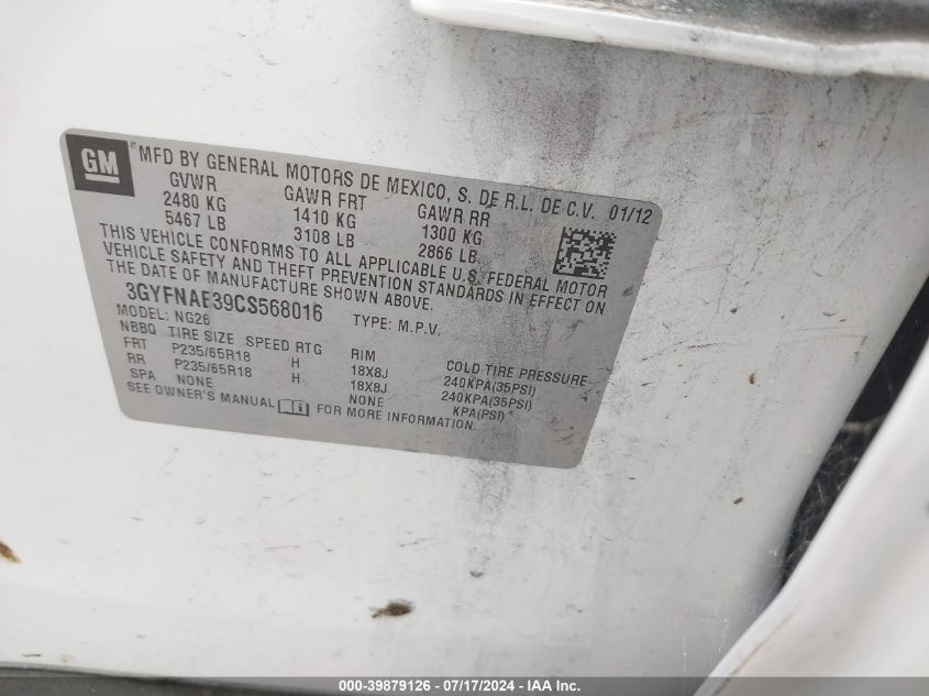 2012 Cadillac Srx Luxury Collection VIN: 3GYFNAE39CS568016 Lot: 39879126