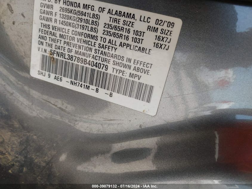 2009 Honda Odyssey Ex-L VIN: 5FNRL38789B404079 Lot: 39879132