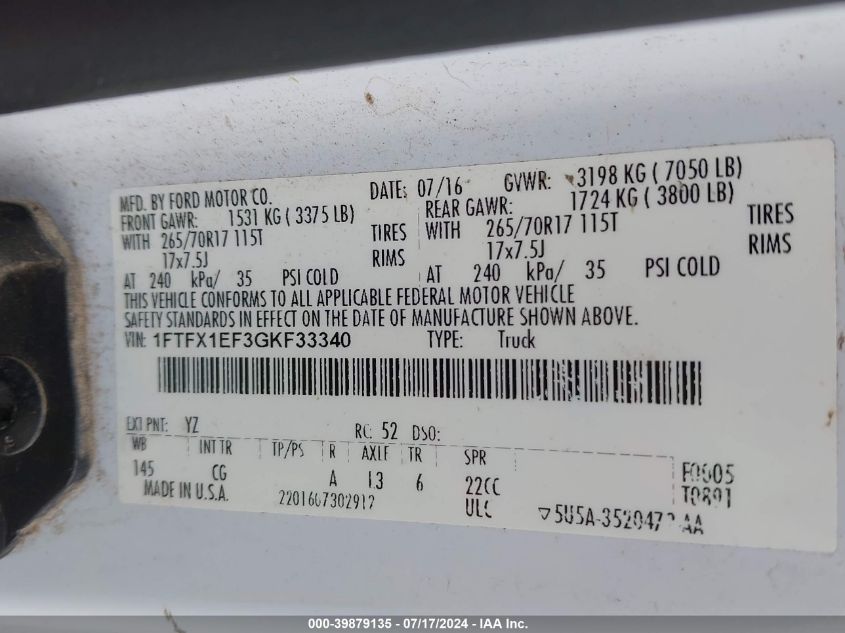 2016 Ford F-150 Xl VIN: 1FTFX1EF3GKF33340 Lot: 39879135