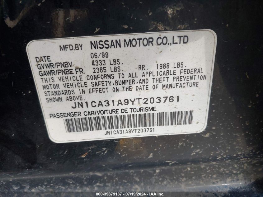 2000 Nissan Maxima Gle/Gxe/Se VIN: JN1CA31A8YP203761 Lot: 39879137