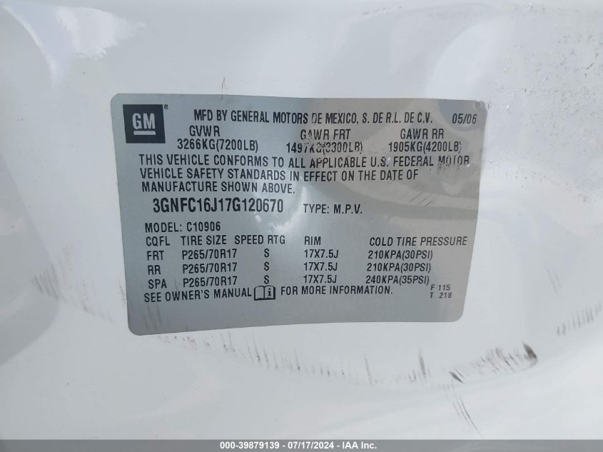 2007 Chevrolet Suburban 1500 Lt VIN: 3GNFC16J17G120670 Lot: 39879139