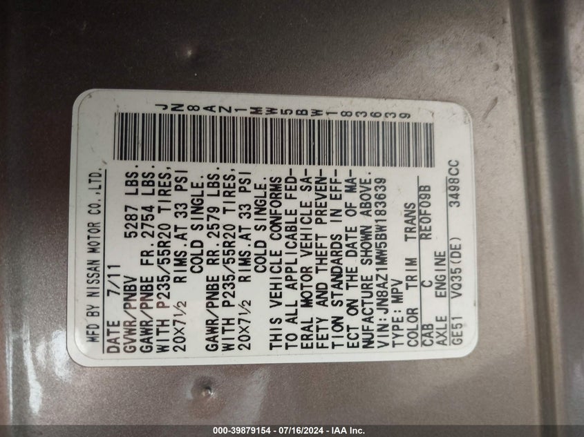 2011 Nissan Murano Le VIN: JN8AZ1MW5BW183639 Lot: 39879154