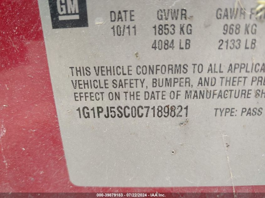 2012 Chevrolet Cruze Eco VIN: 1G1PJ5SC0C7189821 Lot: 39879183