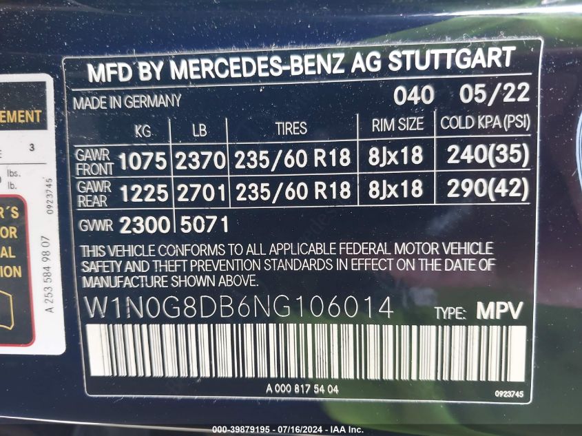 2022 Mercedes-Benz Glc 300 Suv VIN: W1N0G8DB6NG106014 Lot: 39879195