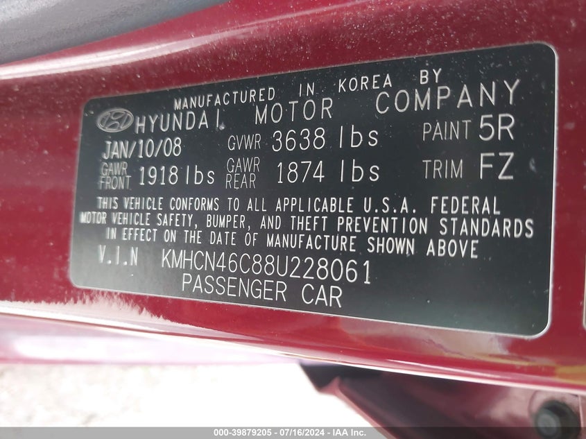 2008 Hyundai Accent Gls VIN: KMHCN46C88U228061 Lot: 39879205