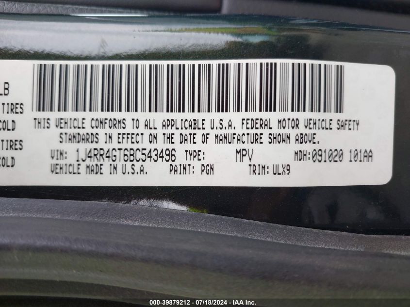 2011 Jeep Grand Cherokee Laredo VIN: 1J4RR4GT6BC543496 Lot: 39879212