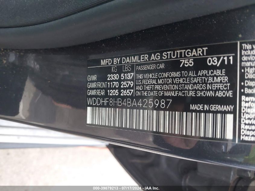 WDDHF8HB4BA425987 | 2011 MERCEDES-BENZ E 350