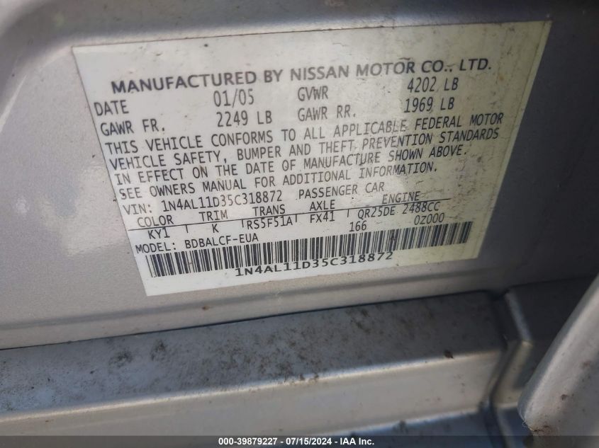 2005 Nissan Altima 2.5 S VIN: 1N4AL11D35C318872 Lot: 39879227