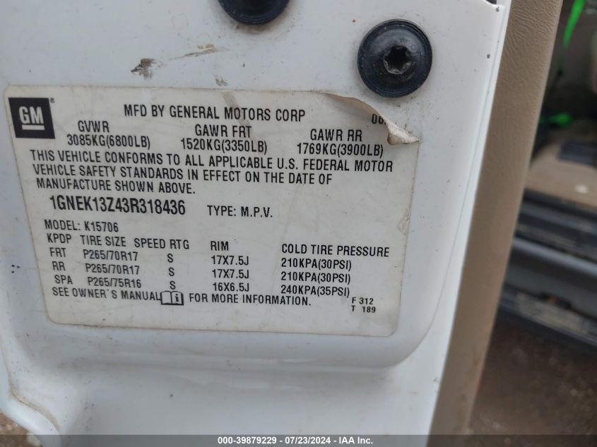 2003 Chevrolet Tahoe Z71 VIN: 1GNEK13Z43R318436 Lot: 39879229