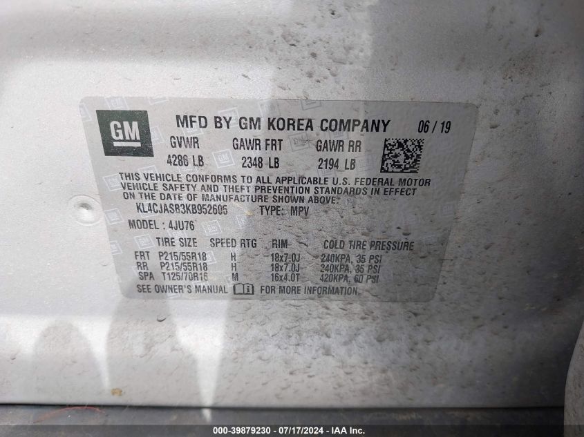 2019 Buick Encore Fwd Preferred VIN: KL4CJASB3KB952605 Lot: 39879230