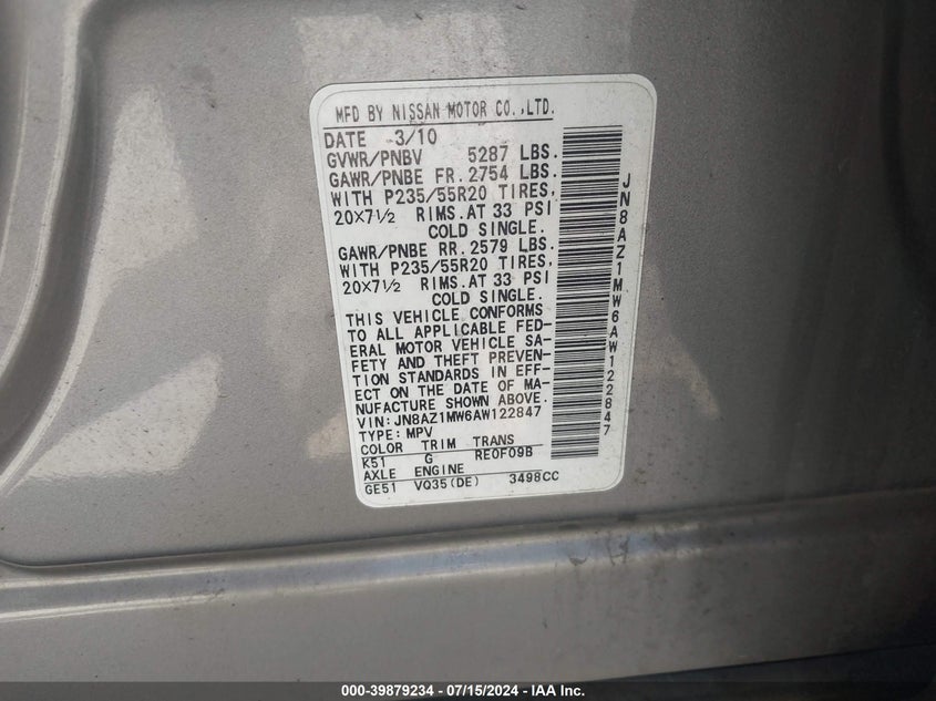 2010 Nissan Murano Le VIN: JN8AZ1MW6AW122847 Lot: 39879234