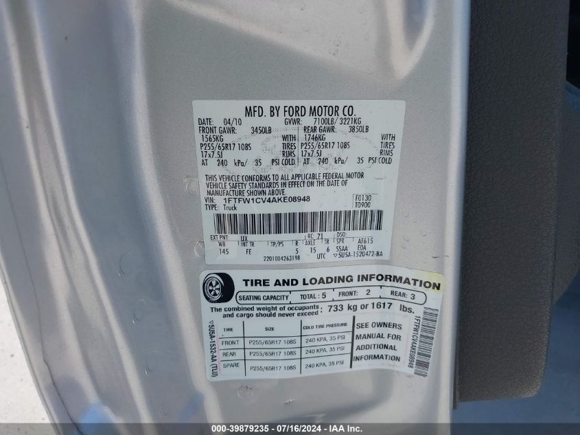 2010 Ford F-150 Fx2 Sport/Harley-Davidson/King Ranch/Lariat/Platinum/Xl/Xlt VIN: 1FTFW1CV4AKE08948 Lot: 39879235