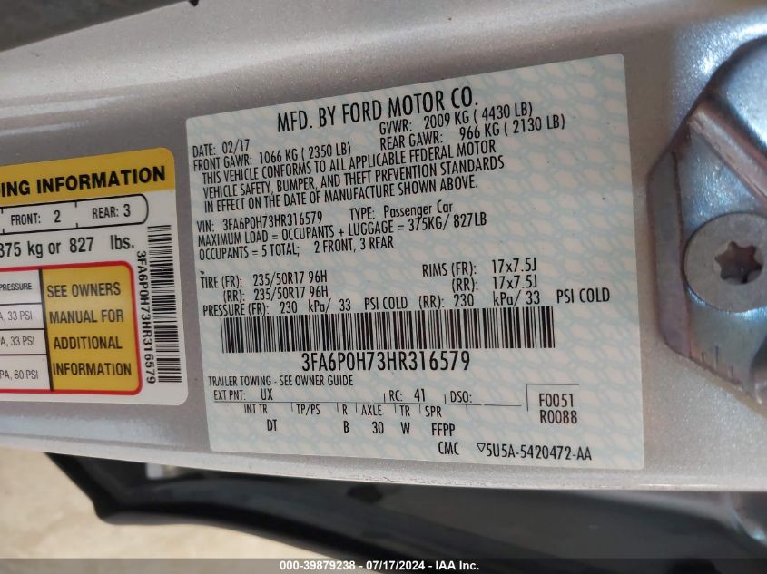 2017 Ford Fusion Se VIN: 3FA6P0H73HR316579 Lot: 39879238