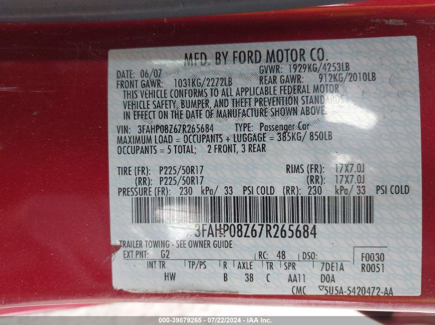 2007 Ford Fusion Sel VIN: 3FAHP08Z67R265684 Lot: 39879265