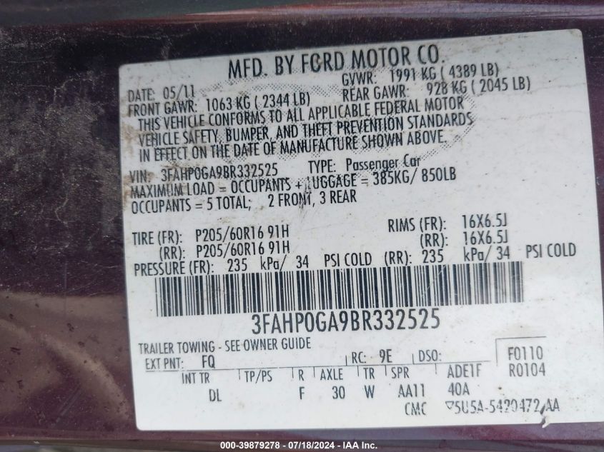 2011 Ford Fusion S VIN: 3FAHP0GA9BR332525 Lot: 39879278