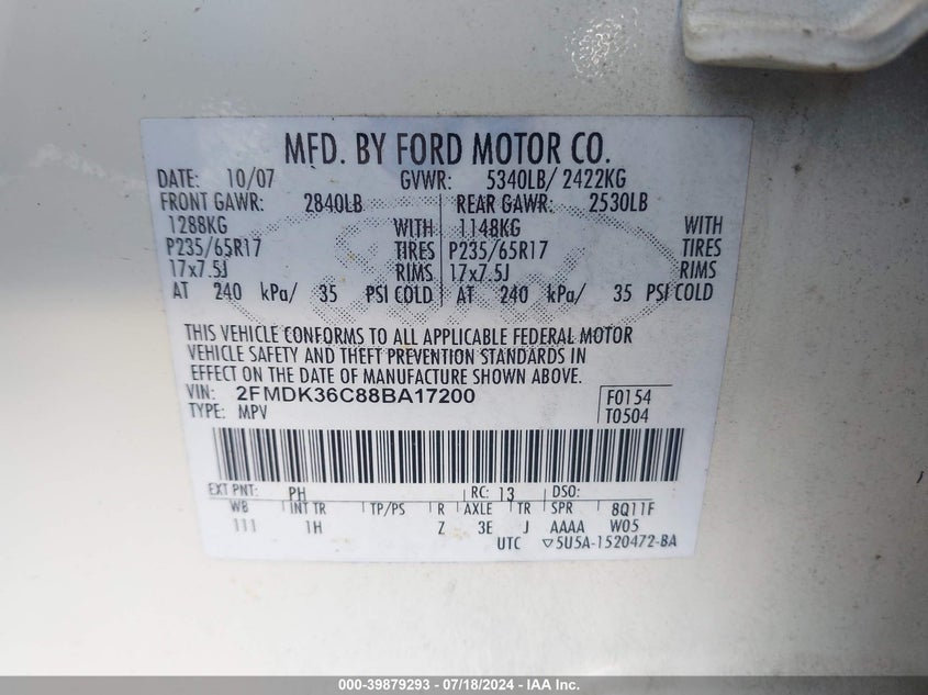 2008 Ford Edge Se VIN: 2FMDK36C88BA17200 Lot: 39879293