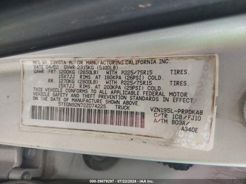 2002 Toyota Tacoma Prerunner V6 VIN: 5TEGN92N72Z074225 Lot: 39879297