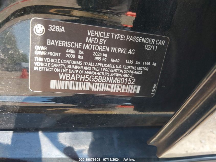 2011 BMW 328I VIN: WBAPH5G58BNM80152 Lot: 39879308
