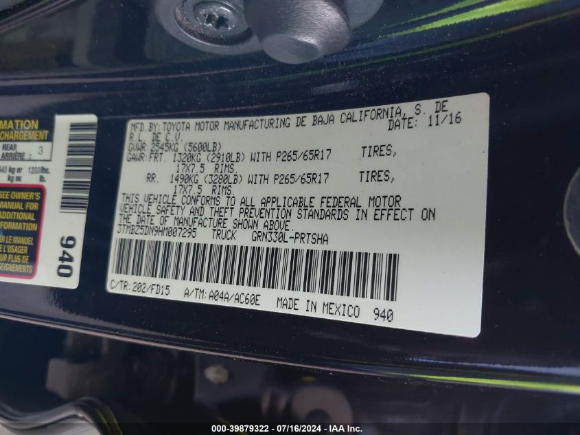 2017 Toyota Tacoma Trd Sport VIN: 3TMBZ5DN9HM007295 Lot: 39879322