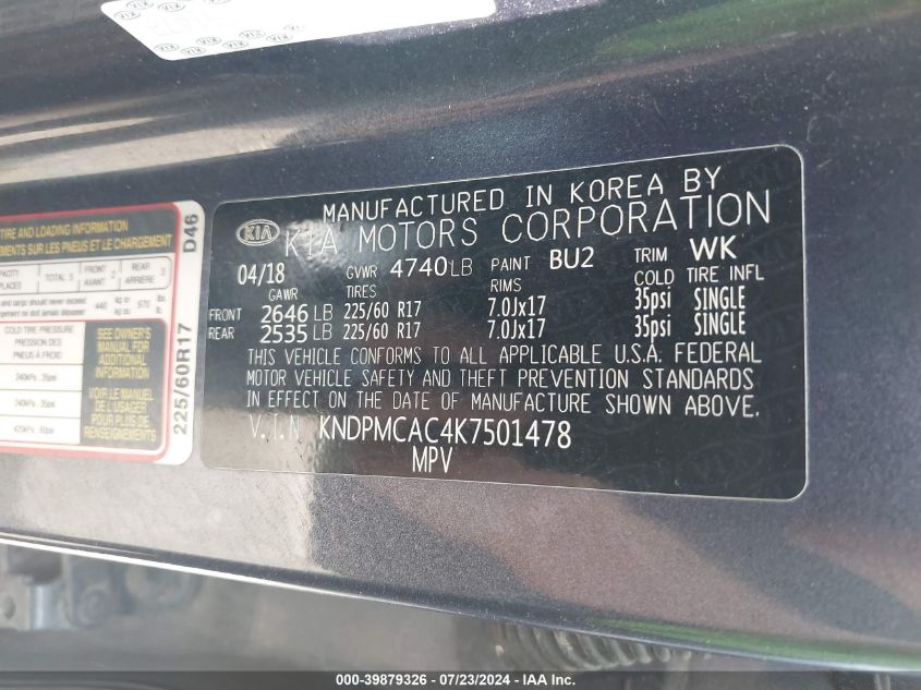 2019 Kia Sportage Lx VIN: KNDPMCAC4K7501478 Lot: 39879326