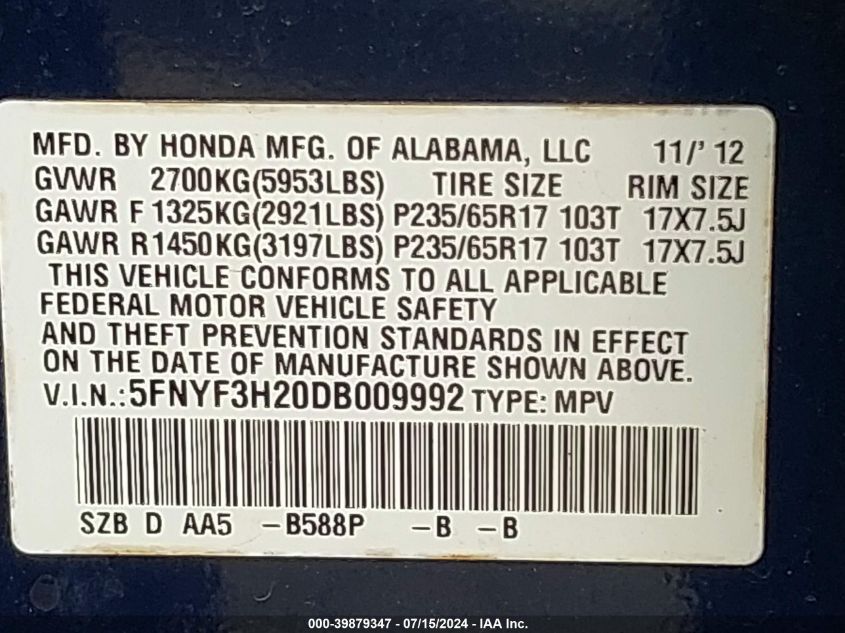 2013 Honda Pilot Lx VIN: 5FNYF3H20DB009992 Lot: 39879347