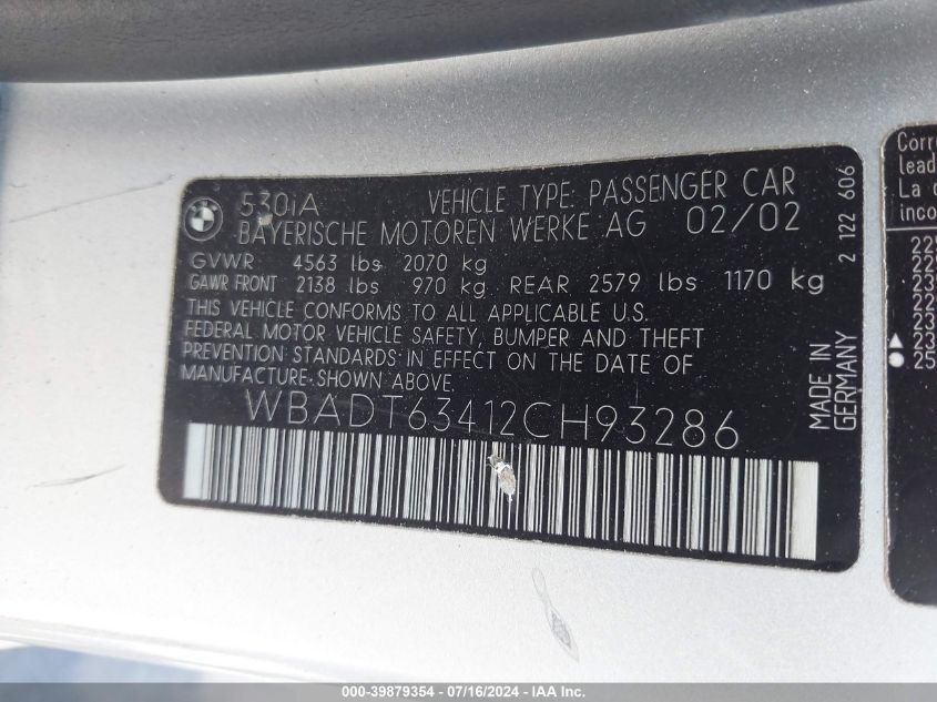 2002 BMW 530Ia VIN: WBADT63412CH93286 Lot: 39879354