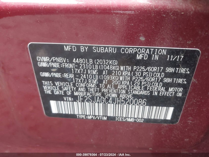 2018 Subaru Forester 2.5I Premium VIN: JF2SJAGC4JH520086 Lot: 39879364
