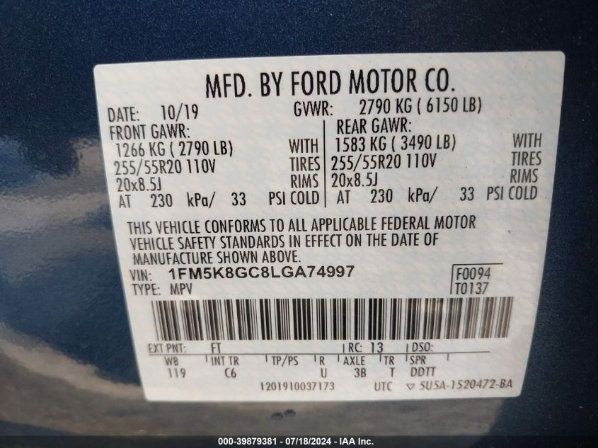 2020 Ford Explorer St VIN: 1FM5K8GC8LGA74997 Lot: 39879381
