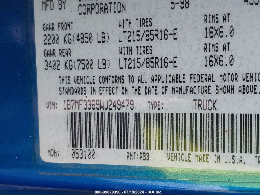 1998 Dodge Ram 3500 VIN: 1B7MF3369WJ249479 Lot: 39879390