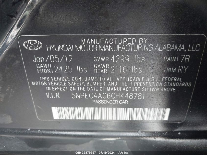 2012 Hyundai Sonata Limited VIN: 5NPEC4AC6CH448781 Lot: 39879397