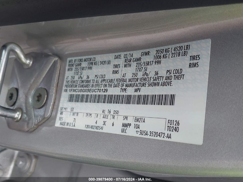 2014 Ford Escape Se VIN: 1FMCU0GX5EUC70129 Lot: 39879400