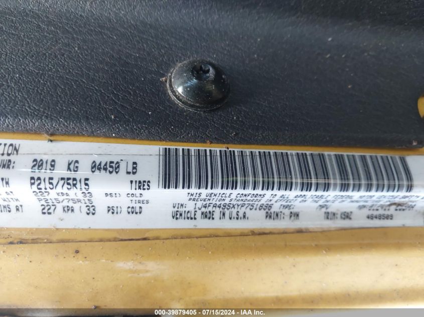 2000 Jeep Wrangler Sport VIN: 1J4FA49SXYP751896 Lot: 39879405