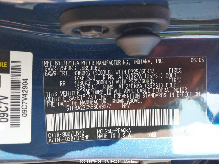 2005 Toyota Sienna Xle/Xle Limited VIN: 5TDBA22C55S049577 Lot: 39879406