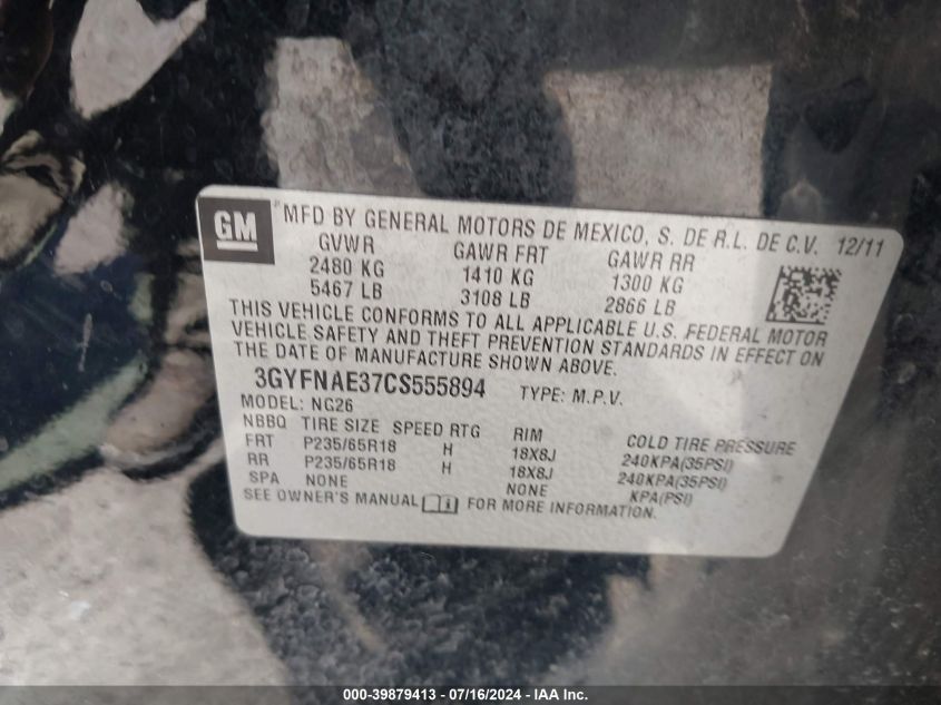 2012 Cadillac Srx Luxury Collection VIN: 3GYFNAE37CS555894 Lot: 39879413