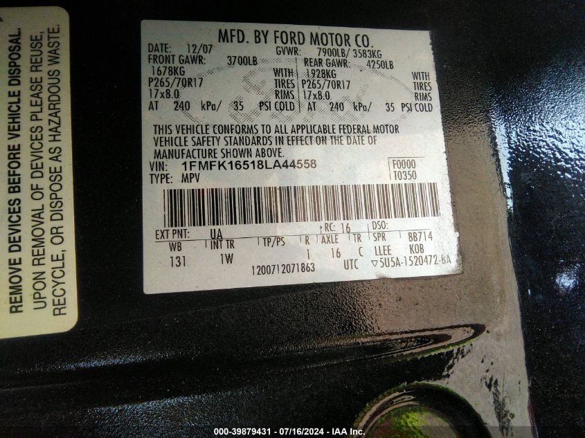 2008 Ford Expedition El Xlt VIN: 1FMFK16518LA44558 Lot: 39879431