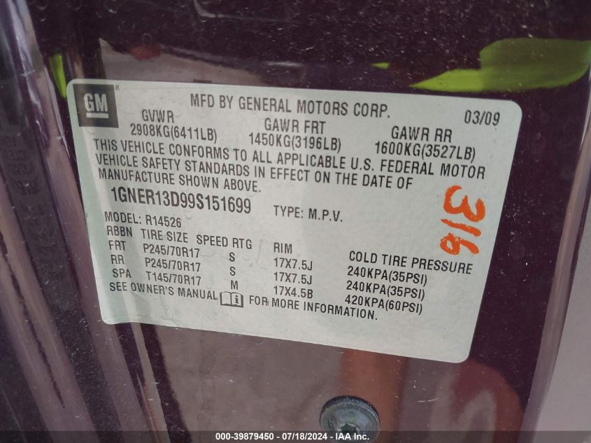 2009 Chevrolet Traverse Ls VIN: 1GNER13D99S151699 Lot: 39879450