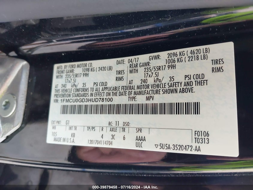 2017 Ford Escape Se VIN: 1FMCU0GD3HUD78100 Lot: 39879458