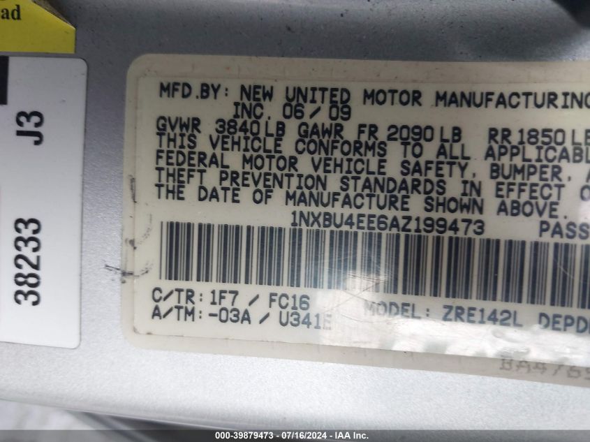 2010 Toyota Corolla S/Le/Xle VIN: 1NXBU4EE6AZ199473 Lot: 39879473