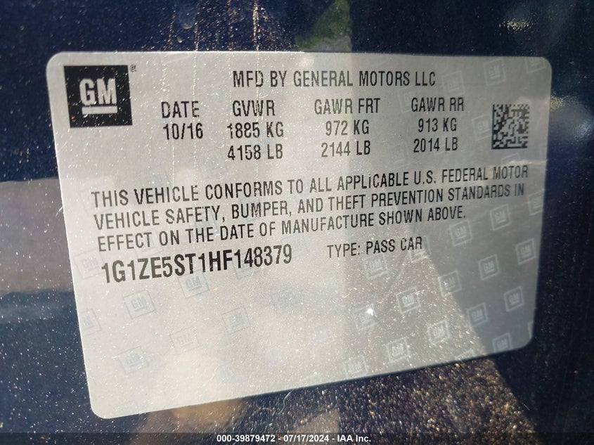 2017 Chevrolet Malibu 1Lt VIN: 1G1ZE5ST1HF148379 Lot: 39879472