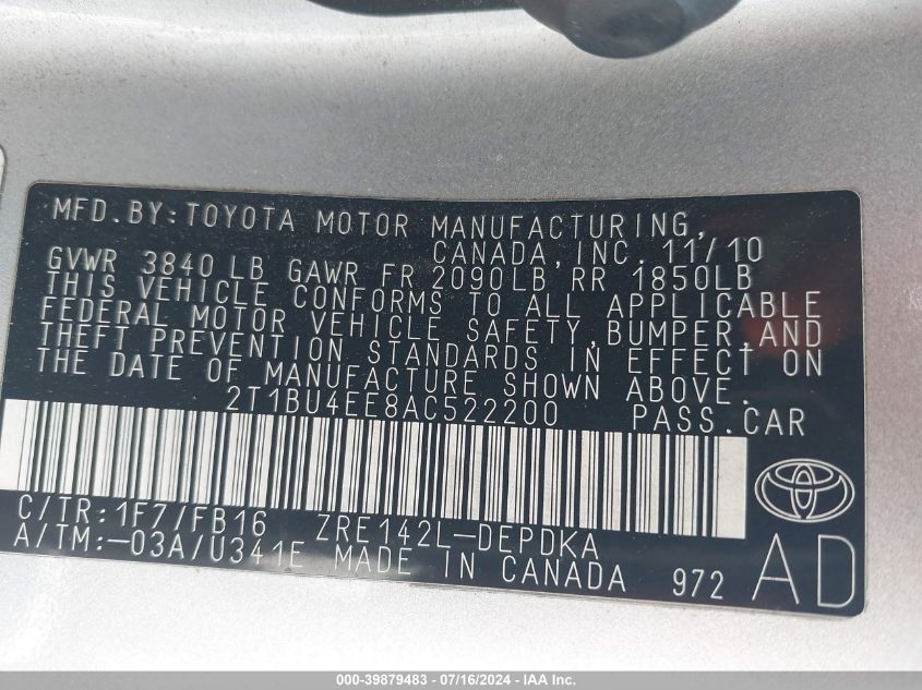 2010 Toyota Corolla VIN: 2T1BU4EE8AC522200 Lot: 39879483