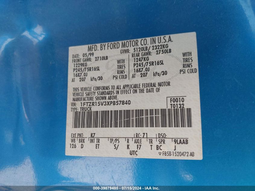 1999 Ford Ranger Xl/Xlt VIN: 1FTZR15V3XPB57840 Lot: 39879485