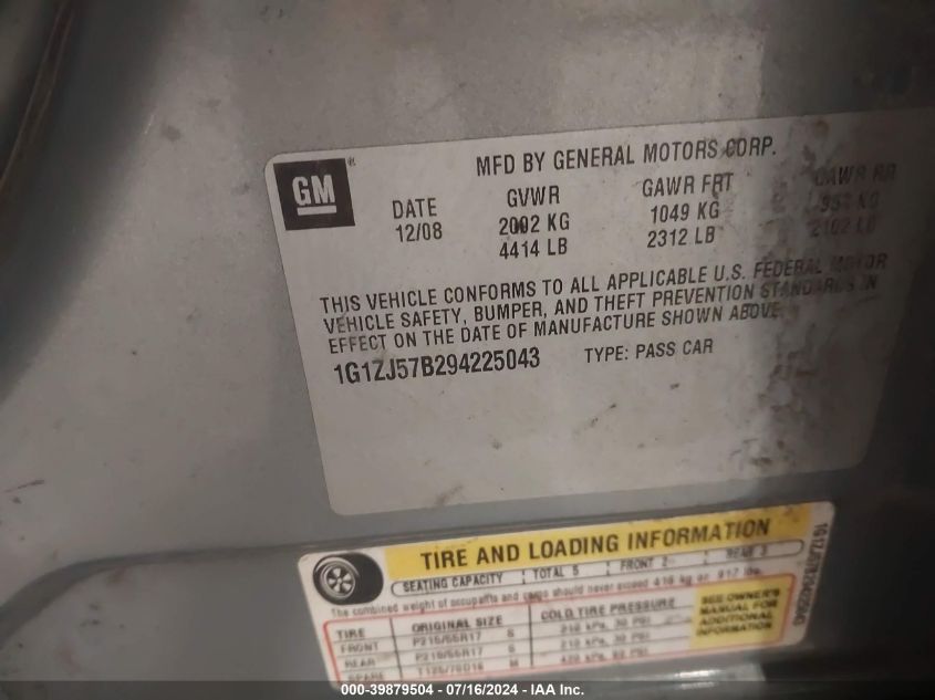 2009 Chevrolet Malibu 2Lt VIN: 1G1ZJ57B294225043 Lot: 39879504