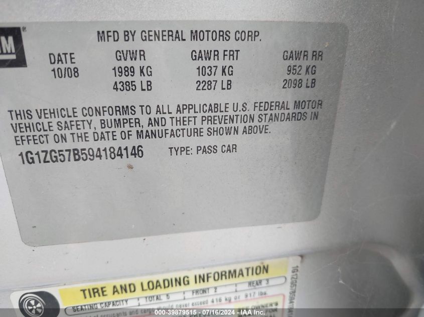 2009 Chevrolet Malibu Ls VIN: 1G1ZG57B594184146 Lot: 39879515